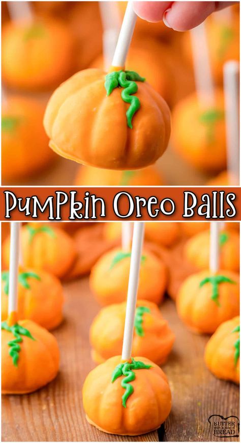 PUMPKIN OREO BALLS - Butter with a Side of Bread Halloween Oreo Balls, Pumpkin Cake Balls, Fall Baby Shower Food, Cookies Cream Cheese, Oreo Balls Recipe, Oreo Cake Pops, Pumpkin Balls, Charcuterie Appetizers, Thanksgiving Desserts Table