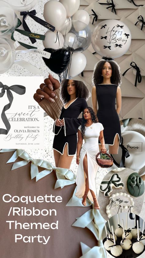 Coquette/Ribbon/Bow Themed Party Inspo 🎀 #Blackandwhite #ribbons #coquette #birthdayparty #dinnerpartyinspo #blackandgreen #whiteandgreen #visionboard Ribbons Coquette, Coquette Ribbon, Bow Party, Party Inspo, Black And White Aesthetic, Ribbon Bow, Themed Party, Ribbon Bows, Engagement Party