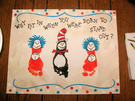 Dr. Suess footprint crafts for kids - cat in the hat & thing 1 and thing 2 Footprint Crafts For Kids, Dr Seuss Art, Dr Seuss Characters, Baby Footprint Art, Dr Seuss Activities, Dr Seuss Crafts, Thing 1 And Thing 2, Seuss Crafts, Dr Seuss Week