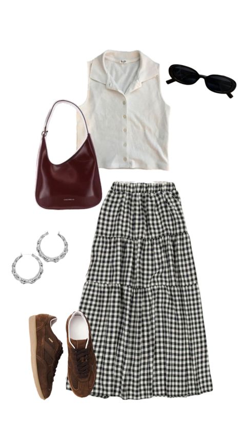 ootd, outfit inspo, cute outfit, summer outfit, fall outfit, autumn outfit, spring outfit, midi skirt, plaid, gingham, silver jewellery, summer top, button up, red leather bag, sambas, gazelles, adidas, brown sambas Gingham Skirt Outfit, Adidas Brown, Jewellery Summer, Skirt Outfit Summer, Outfit Autumn, Red Leather Bag, Midi Skirt Outfit, Gingham Skirt, Brown Skirts