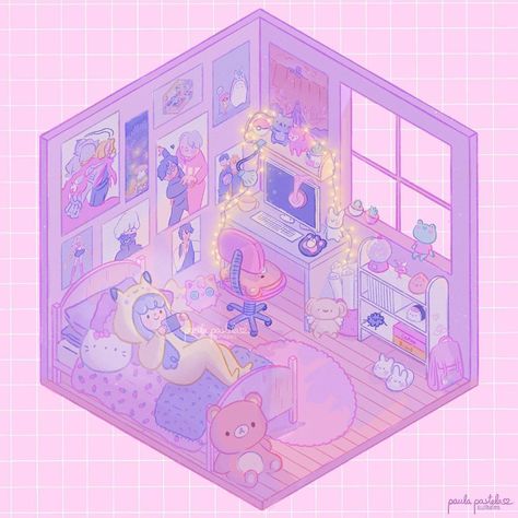 Paula Bugueño on Instagram: “⁣Another isometric room! Yaaay i feel i got a little bit purple overboard with the shadows hahahha but i had lots of fun drawing all the…” Pikachu Onesie, Isometric Room, Bedroom Drawing, Isometric Drawing, Isometric Art, Kawaii Illustration, Pastel Room, Isometric Design, Neon Aesthetic