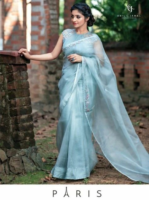 Pastel Blue Organza Saree, Crape Saree Design, Pastel Blue Saree, Saree Wearing Styles, Sarees For Girls, Simple Saree Designs, Traditional Blouse Designs, New Saree Blouse Designs, Churidar Designs