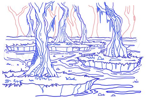 How To Draw A Swamp, Draw Swamps, Step by Step, Drawing Guide, by Papaya_Pig | dragoart.com Swamp Trees, Gourd Birdhouses, Swamp Creature, Cartoon Trees, Flamingo Painting, Art Assignments, Drawing Sheet, Mermaid Drawings, Drawing Guide