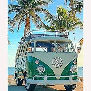 Vw Bus, Palm Trees, The Beach, Trees, Cars, Green, White