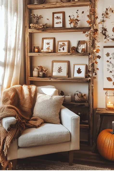 Discover 15 easy DIY fall wall art projects for all skill levels. Transform your home with cozy, autumn-inspired decor using simple materials and techniques.  Some of the links in my articles are affiliate links.  If you make a qualified purchase from one of my links I will make a small commission at no cost to you. Thank you for your support!!! Diy Fall Wall Decor, Fall Bookshelf Decor, Fall Bookshelf, Wall Art Projects, Beetlejuice Halloween, Fall Vignettes, Easy Fall Decor, Fall Decor Inspiration, Fall Wall Decor