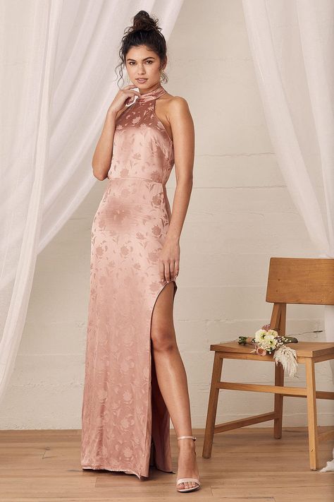 Blush, satin bridesmaid dress - unique bridesmaid dress with high-neck - light rose floral satin jacquard maxi dress - $85 from Lulus - Check out more floral bridesmaid dresses on WeddingWire! Blush Pink Maxi Dress, Floral Bridesmaid Dresses, Floral Bridesmaid, Red Carpet Ready, Light Rose, Pink Maxi, Stunning Gowns, Satin Maxi, Guest Dress