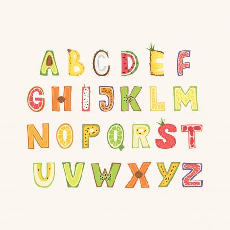 Fruit alphabet - lettering design. capit... | Premium Vector #Freepik #vector #cartoon #fruit #orange #alphabet Fruit Font Alphabet, Fruit Alphabet Letters, Alphabet Illustration Typography, Fruit Lettering, Cute Fonts Alphabet Doodles, Fruit Typography, Fruit Alphabet, Cute Fonts Alphabet, Fruit Letters