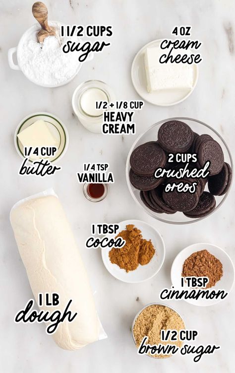 Cinnamon Rolls Ingredients, Oreo Cinnamon Rolls Recipes, Cookies And Cream Cinnamon Rolls, Oreo Cinnamon Rolls, Cream Cinnamon Rolls, Cinnamon Crescent Rolls, Vanilla Oreo, Pecan Cinnamon Rolls, Frozen Bread Dough