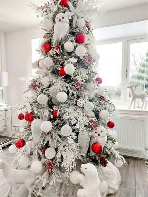 I am eager and excited to share our simple red and white Christmas tree decoration with you today 2022. This year, this tree has a special meaning to me. I wanted to share the symbolism of decor placement and hope you’ll be inspired! Maybe you, too, can create your holiday décor with a purpose Bear Xmas Tree, Red And Green Frosted Christmas Tree, Flocked Christmas Trees Decorated Red, White Frosted Christmas Tree, Frosted Christmas Tree Ideas, White Christmas Tree Decorating Ideas, Polar Bear Christmas Tree, White Christmas Tree Decor, Red Baubles