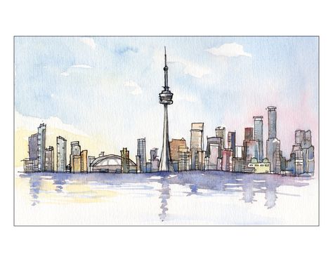 Ink & Watercolor Fine Art Print of Toronto Skyline. Sketched from Toronto Island. Available ofr purchase in my Etsy shop. GenineCarvalheiraArt Watercolor City Skyline, Toronto Watercolor, Toronto Drawing, Canada Drawing, Canada Watercolor, Invite Background, Watercolour Trees, Toronto Architecture, Skyline Drawing