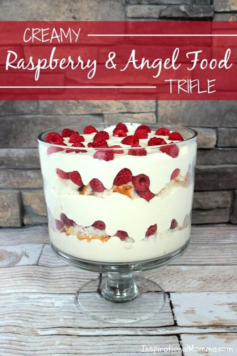 This Creamy Raspberry & Angel Food Trifle is not only easy to make, it is guaranteed to be a hit. Creamy, sweet, delicious layers... triple-threat! #inspirationalmomma #trifle #raspberry #angelfood #cake #dessert Angel Food Trifle, Trifle Bowl Recipes, Easy Trifle, Raspberry Trifle, Rhubarb Coffee Cakes, Trifle Dessert Recipes, Angel Food Cake Desserts, Raspberry Desserts, Trifle Pudding