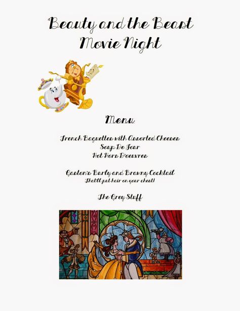 Beauty and the Beast theme dinner menu Beauty And The Beast Menu Ideas, Disney Movie Night Menu, Family Dinner Menu, Disney Themed Movie Night, Disney Movie Night Food, Movie Night For Kids, Disney Movie Night Dinner, Movie Night Theme, Disney Menus