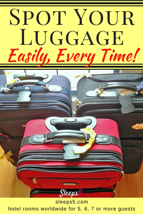 Ideas for making suitcases and other luggage easy to identify at airports, on buses, or in hotels. Use ribbon, tags, markers, tape, stickers. Includes expert links and  advice video. #traveltips #travelgadgets #familytravel #familyvacation #travelwithkids Luggage Tags Diy, Luggage Identifiers, Suitcase Stand, Female Packing List, Travel Book Diy, Family Travel Hacks, Diy Luggage, Travel California, Tape Stickers