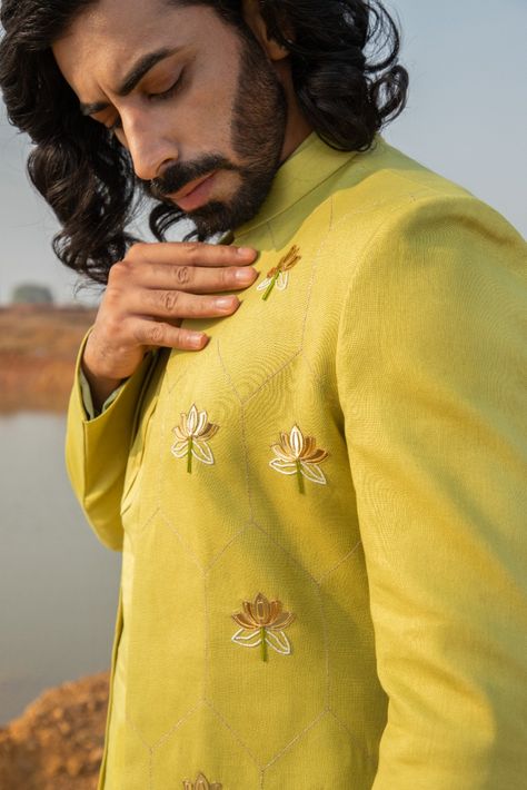 By Runit Gupta Handwork Kurta For Men, Kurta Hand Work Design Men, Men Embroidery Kurta Design, Green Sherwani, Lotus Motif, Mens Traditional Wear, Indian Wedding Clothes For Men, Fashion Collection Inspiration, Stylish Men Wear