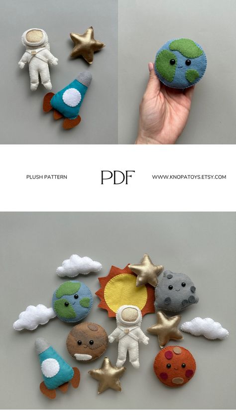 Set of 9PDF patterns. Set includes pattern astronaut, Moon, Sun, Mars, Earth, Mercury, rocket, stars and cloud.Each toy is bright and funny, and I'm sure you can easily sew felt toys for yourself and your family.Height of toys 5-10cm. #space nasa astronaut science technology international space station spacex easy how to space travel felt #solar system how to make universe felt astronaut pattern solar system for kids rocket set of ornaments for boy nursery decor hand made plush stuffed toy Felt Astronaut, Felt Solar System, Felt Rocket, Astronaut Diy, Earth Ornament, Earth Galaxy, Sew Felt, Solar System For Kids, Adventure Time Princesses