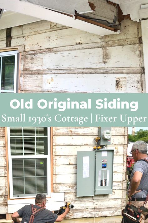 Small 1930's Cottage Old Original Wood Siding Surprisingly Discovered - Journey Down The Road Updating Old House, Wood Siding House, Dutch Lap Siding, 60s House, Wood Siding Exterior, Siding Repair, Fixer Upper House, Lap Siding, Cedar Homes