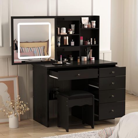 Homsee Vanity Desk Set Makeup Table with Large Sliding Lighted Mirror, Dressing Table with 5 Drawers, Storage Shelves & Cushioned Stool for Bedroom, Black Black Corner Vanity Desk, Black Vanity Desk The Home Depot, Black Vanity Desk, Modern Makeup Vanity, Makeup Vanity Table, 5 Drawer Storage, Makeup Vanity Set, Makeup Dressing Table, Sliding Mirror