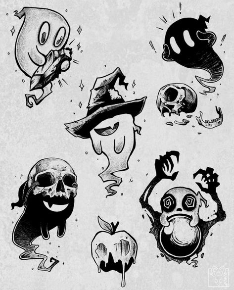 Ghost Tattoo, Creepy Tattoos, Spooky Tattoos, Dark Art Tattoo, Tattoo Art Drawings, Cartoon Tattoos, Halloween Tattoos, Tattoo Flash Art, School Tattoo