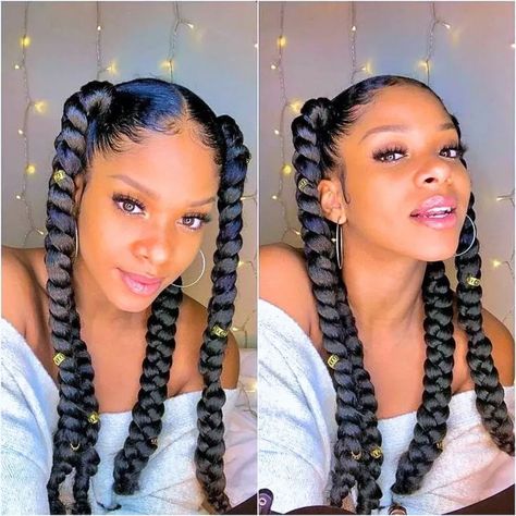 4 jumbo braids with hair accessories Large Box Braids Hairstyles, 4 Jumbo Braids, Braid Hairstyles Ideas, Hairstyle For Black Women, Large Box Braids, Side Braid Hairstyles, Jumbo Box Braids, Black Ponytail Hairstyles, Braided Cornrow Hairstyles