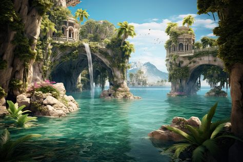 #tropical, #tropicalgetaways Island City Fantasy Art, Fantasy Tropical Village, Tropical Castle Fantasy Art, Island Kingdom Fantasy Art, Fantasy Island Kingdom, Tropical Fantasy Aesthetic, Tropical Island Fantasy Art, Tropical City Fantasy Art, Tropical Island Concept Art