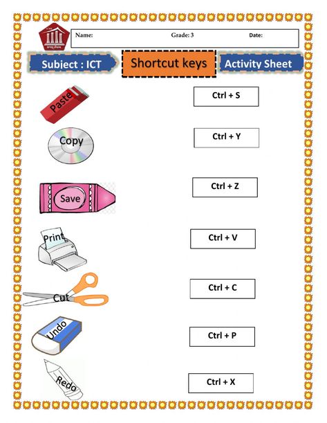 Shortcut keys ICT worksheet Computer Holiday Homework, Computer Worksheet For Grade 4, Ict Notes, Grade 3 Math Worksheets, Skip Counting Math Centers, Technology Worksheets, Computer Worksheet, Computer Activities For Kids, Computer Exam