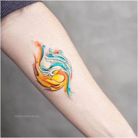 Fire And Water Element Tattoo, Fire And Water Tattoo Ideas, Elemental Tattoo Ideas, Fire Water Tattoo, Fire And Water Tattoo, Water Tattoo Ideas, Ice Tattoo, Tattoos Water, Match Tattoo