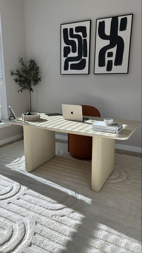 Small Office Aesthetic Ideas, Office With Round Table As Desk, Organic Desk Design, Scandi Office Space, Dream Home Offices, Graphic Design Studio Workspaces, At Home Office Ideas For Women, Office Space Minimalist, Modern Organic Office