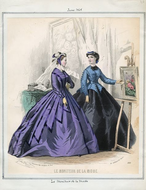 Le Moniteur de la Mode, June 1865. LAPL Visual Collections. Civil War Era Fashion Plate 1860s Dresses, Victorian Fashion Plates, 1860s Fashion, 1860 Fashion, 1800s Fashion, Victorian Ladies, 19th Century Fashion, Victorian Steampunk, Historical Dresses