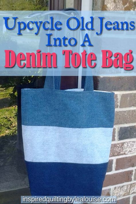 Upcycle your old blue jeans and make this DIY Blue Jean Tote Bag. You provide the blue jeans and this tutorial lays out all the steps you need to make your own upcycled blue jean denim tote bag. This is a fun project and an easy pattern for a quick gift. Check out this free tutorial and Upcycle Your Blue Jeans into a Denim Tote Bag. #upcyclebluejeansintodenimtotebag #howtomakerdenimtotebag #freepattern #diydenimtotebag #denimcolorblockdesigntotebag Jean Rag Quilt, Rag Quilt Instructions, Denim Rag Quilt, Denim Quilt Patterns, Blue Jean Quilts, Rag Quilt Tutorial, Charm Square Quilt, Rag Quilt Patterns, Jean Quilt