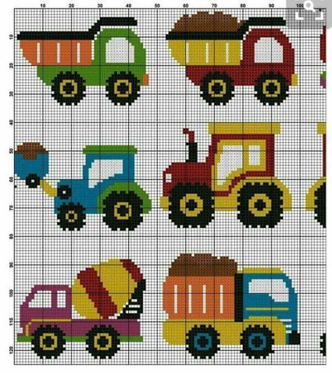 Baby Boy Knitting Patterns, Baby Cross Stitch Patterns, Cross Stitch For Kids, Pola Kristik, Baby Cross, Mini Cross Stitch, Cross Stitch Borders, Cross Stitch Baby, Construction Vehicles