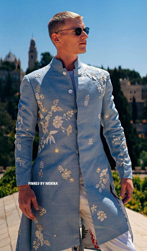 Sahil Kochhar - India 🇮🇳 Organza Salwar, Sahil Kochhar, Raw Silk Embroidery, Blue Sherwani, Embroidery Floral, Satin Color, Business Formal, Silk Embroidery, Full Sleeves