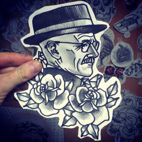 Walter White Heisenberg Tattoo, Tattoo Traditional Flash, Breaking Bad Tattoo, Tattoo Fonts Cursive, Tattoo Old School, Tattoo Zeichnungen, Traditional Flash, Tattoo Traditional, Bad Tattoos