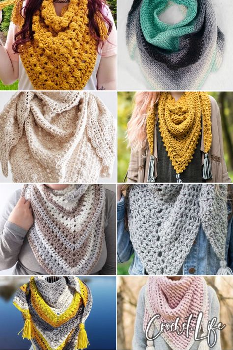 These 16 stylish and beautiful triangle scarf crochet patterns are just in time for me to add a triangle shawl to every fall and winter outfit. Crochet Triangle Pattern, Triangle Scarf Crochet Pattern, Crochet Triangle Shawl Pattern, Crochet Triangle Scarf, Fabric Crochet, Crochet Scarfs, Crochet Scarf Pattern Free, Triangle Shawl, Crochet Shawl Pattern Free