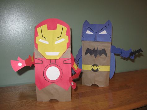 Iron Man and Batman brown paper bag and construction paper puppets my son and I made a few years back Pixar Crafts, Superhero Week, Superhero Crafts, Summer Job, Paper Bag Crafts, Paper Bag Puppets, Super Hero Theme, Star Wars Diy, Paper Puppets