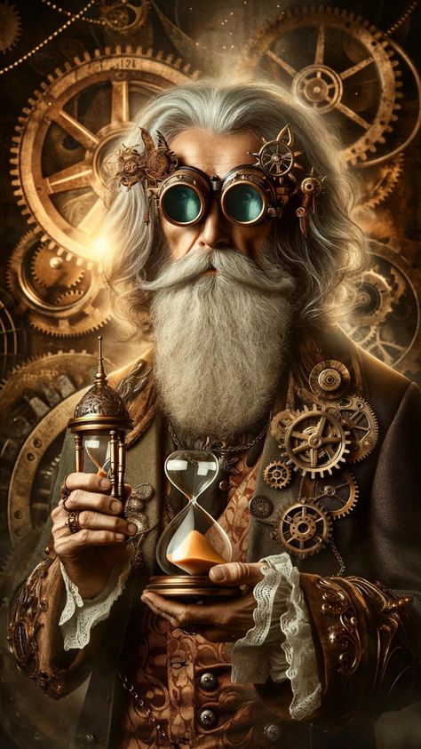 Meet Father Time in a steampunk guise, a master of both clocks and gears. With a beard of rusted cogs and an hourglass of antiquity, he oversees the march of moments in a world where past and future unite in intricate harmony. Father Time Character Design, Punk Character Design, Steampunk Alice In Wonderland, Steampunk Wallpaper, Steampunk Machines, Steampunk Mixed Media Art, Steampunk Images, Steampunk Illustration, Steampunk Fairy