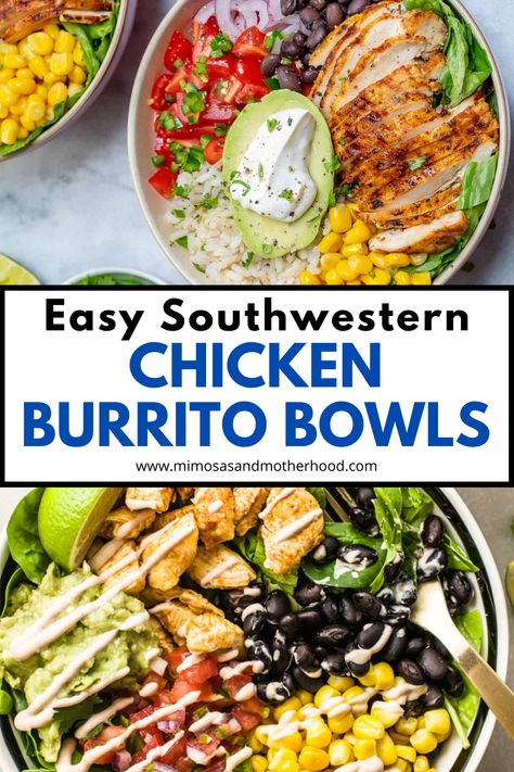 These Southwestern Chicken Burrito Bowls are so easy to make! They’re great for a quick and easy weeknight dinner or lunch on the go, and take less than 15 minutes to put together. #easyrecipes #easydinner #southwesternfood #texmex #recipeswithleftovers #homemadetakeout #moeshack #burritoinabowl Southwest Power Bowl, Light Healthy Chicken Recipes, Baja Bowl With Chicken, South West Chicken Bowl, Southwest Burrito Bowl, Southwest Chicken Bowl Recipe, Southwestern Bowl Recipe, Rotisserie Chicken Bowls Healthy, Grilled Chicken Burrito Bowl