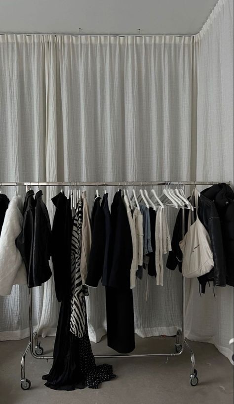 Rack Of Clothes Aesthetic, Small Botique Interiors Ideas Simple, Clothes Rack Aesthetic, Clothing Rack Aesthetic, Clothing Rail, Interior Design Curtains, Career In Fashion Designing, Small Business Instagram, Wardrobe Consultant