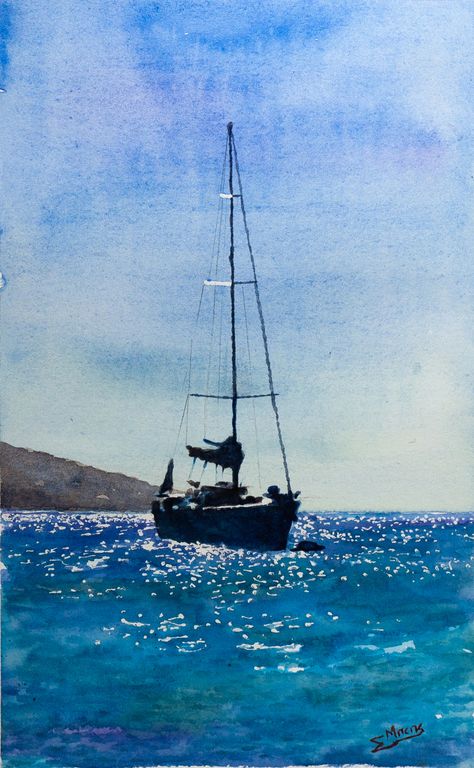 Watercolour painting to buy Calm Sea, Sky Artwork, Old Boats, Greece Holiday, Painter Artist, Sunny Afternoon, Dutch Artists, Greek Island, Love Painting