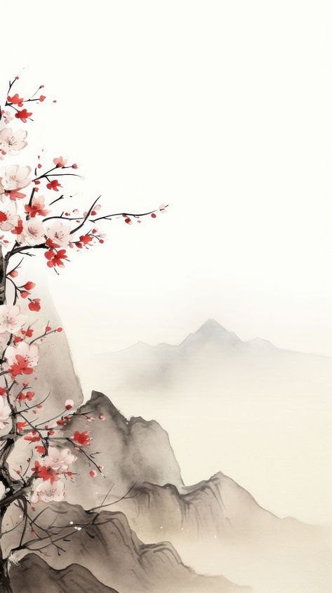 Plum blossom on the mountain range outdoors painting plant.  | premium image by rawpixel.com Outdoors Painting, Wallpaper Mountain, Aesthetic Android, Android Aesthetic, Blossom Wallpaper, Cherry Blossom Wallpaper, Android Wallpaper Art, Plum Blossom, Mountain Range