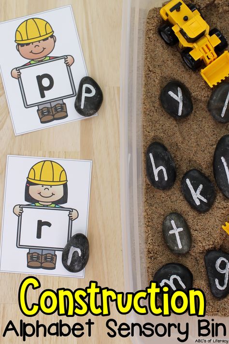 Are you looking for a fun letter recognition and sensory activity? Your preschoolers and kindergartners are sure to “dig” this Construction Alphabet Sensory Bin as they are learning the ABC’s through sensory play. Pre-readers can work on matching lowercase and capital letters, letter sounds, and letter formation. Click on the picture to learn how to make this sensory bin and get the free letter recognition cards! #letterrecognition #sensorybin #sensoryplay #preschool #alphabetactivity Construction Literacy Activities, Community Helpers Sensory, Letter Activities For Preschool, Alphabet Sensory Bin, Construction Alphabet, Construction Activities Preschool, Construction Theme Classroom, Construction Theme Preschool, Preschool Construction