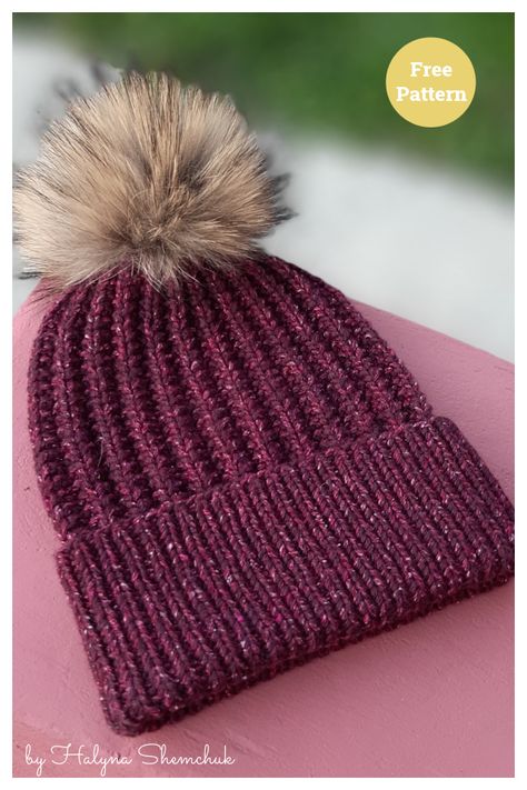 Free Knitting Patterns For Bobble Hats, Knitted Hats For Adults, Knitted Beanies Womens, Knitted Hats Women Free Pattern, Knit In The Round Hat, Knitted Winter Hats For Women, Bulky Yarn Knitted Hat Patterns Free, Stockinette Stitch Hat, Chunky Ribbed Knit Hat Pattern