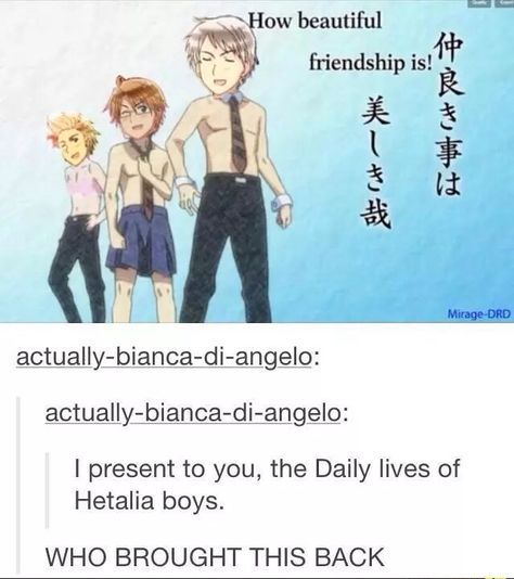 I can never decide if this crossover should be with the awesome trio or the btt. its too hard to choose.<<< XD lol Awesome Trio Hetalia, Hetalia Funny, Hetalia Axis Powers, Axis Powers, Anime Crossover, Hetalia, Anime Shows, Anime Memes, Anime Funny