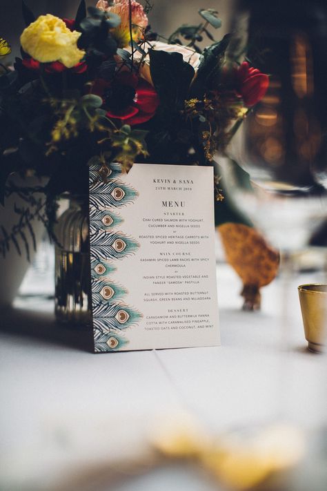 Menu Peacock Stationery Table Centre MC Motors Wedding LoveStruck Photography #Menu #Peacock #Stationery #Table #Centre #wedding Peacock Wedding Inspiration, Order Of Service Wedding, Mediterranean Vibes, Spiced Carrots, Industrial City, Peacock Colors, Warehouse Wedding, Peacock Wedding, Whimsical Wonderland Weddings