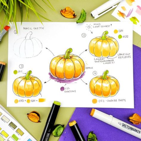 Alcohol Marker Sketchbook, Halloween Marker Art, Ohuhu Markers Drawings, Promarkers Art, Markers Drawing Tutorial, Ohuhu Markers Art, Alcohol Marker Art, Fruit Sketch, Vegetable Drawing