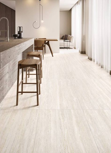 Polished Concrete Kitchen, Travertine Floor Tile, Modern Floor Tiles, Vein Cut, Travertine Floors, Concrete Kitchen, Contemporary Floor, Travertine Tile, Porcelain Floor Tiles