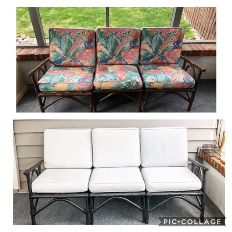 How To Reupholster Outdoor Cushions, How To Paint Outdoor Cushions, Painting Patio Cushions, Painting Outdoor Cushions, Outdoor Fabric Paint, Chalk Painted Sofa, Paint Outdoor Cushions, Painted Vanities, Porch Projects