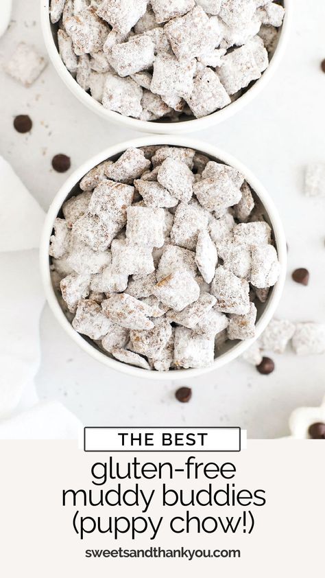 Learn how to make the BEST gluten-free muddy buddies (aka puppy chow) with our simple tricks. This classic no-bake treat has never been better! / gluten free puppy chow recipe / classic puppy chow / classic muddy buddies / gluten free muddy buddy recipe / how to make muddy buddy clusters / are muddy buddies gluten free / is puppy chow gluten free / gluten free no bake treat / gluten free no bake snack / gluten free party snack Gluten Free Puppy Chow, Gluten Free Party Snacks, Muddy Buddy Recipe, Gluten Free Truffles, Gluten Free No Bake, Puppy Chow Recipe, Gluten Free Party, Gluten Free Fudge, Chow Recipe