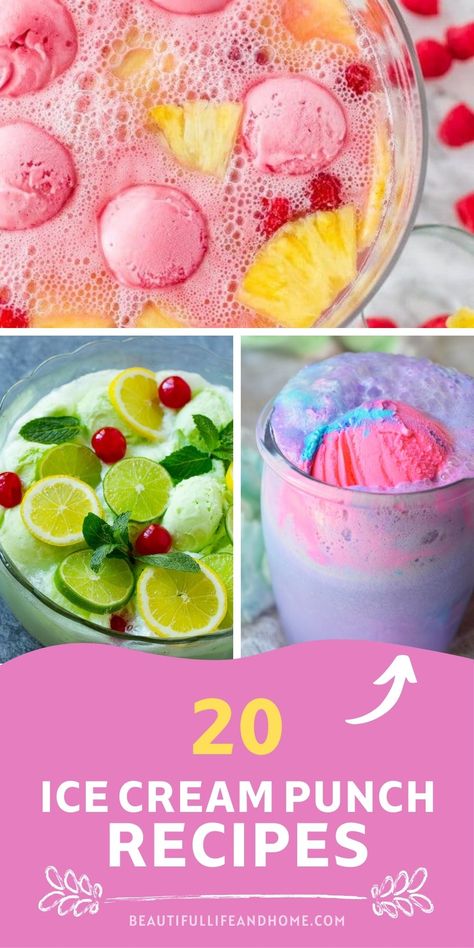 20 Party Ice Cream Punch Recipes - Beautiful Life and Home Ice Cream Party Birthday, Vanilla Ice Cream Punch, Punch With Ice Cream Recipes, Punch Recipes With Ice Cream, Ice Cream Birthday Party Food, Punch With Ice Cream, Scooped Up Bridal Shower Theme Food, Party Punch With Ice Cream, Punch Made With Ice Cream