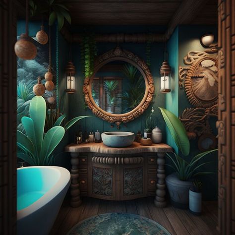 This gorgeous bathroom combines nature and the ocean with all the magic of Polynesia Rustic Mermaid Bathroom, Water Inspired Bathroom, Moana Bathroom Ideas, Moana Themed Bathroom, Moana Aesthetic Room, Whimsical Master Bath, Moody Mermaid Bathroom, Moana Themed Bedroom, Mermaid Aesthetic Bathroom