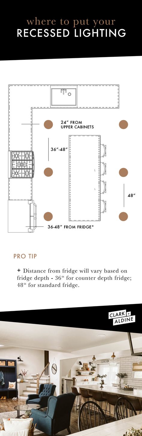 HOW TO PLACE YOUR RECESSED LIGHTING 1 Ressessed Lights, Modern Farmhouse Recessed Lighting, Where To Place Refrigerator In Kitchen, Kitchen Design Refrigerator Placement, Can Lights In Kitchen Placement, Recessed Kitchen Cabinets, Can Light Layout, Kitchen Layout Plans With Island, Kitchen Recessed Lighting Layout